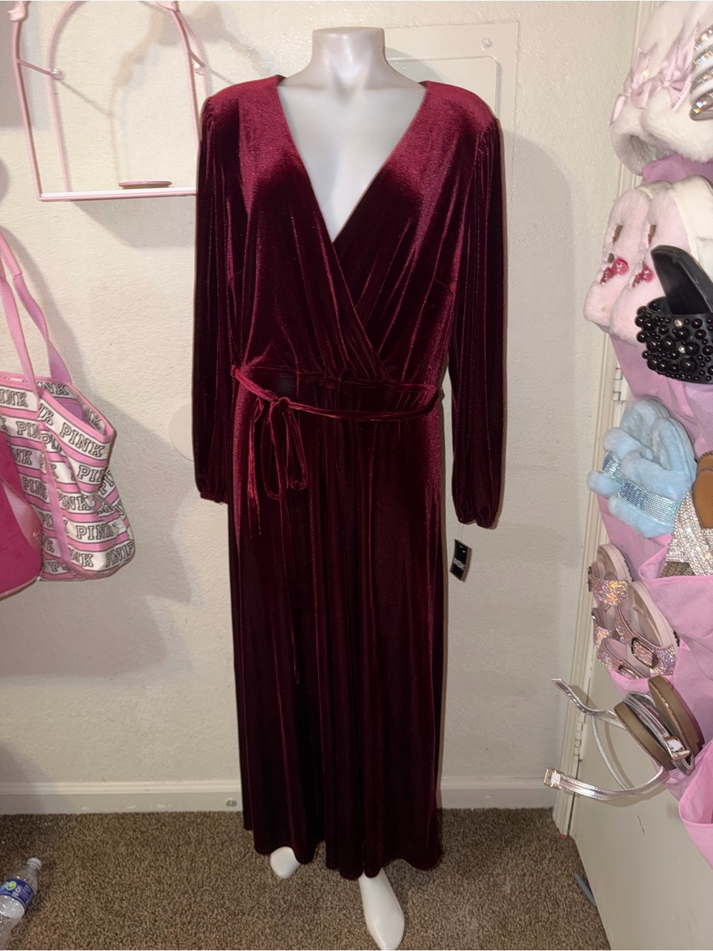 MSK Burgundy Velvet Long Sleeve Wrap Dress